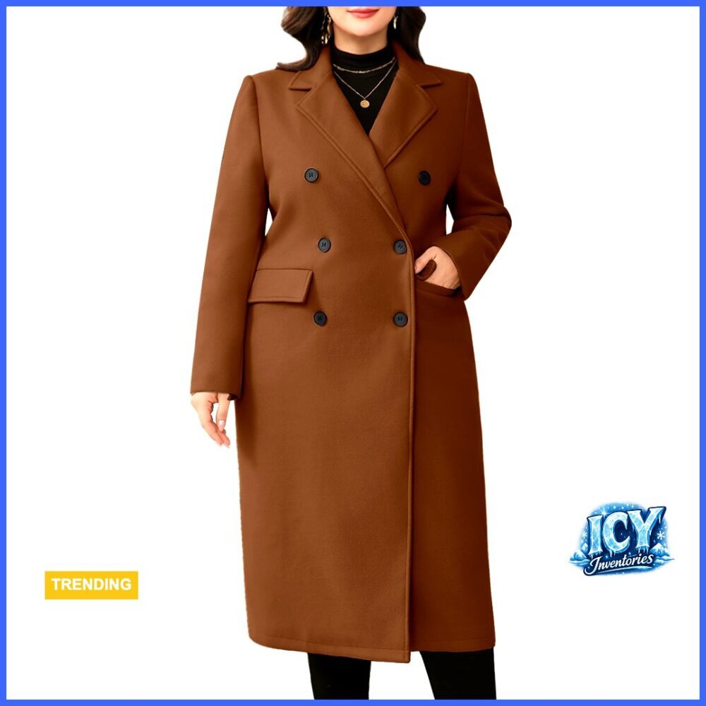 Plus Size Wool Pea Coat Double Breasted Notch Lapel Long Trench